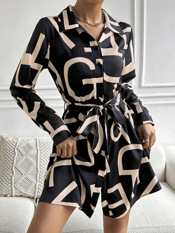 Dress- Feel Like a Queen in Our Regal Belted Shirt Dress with Letter Graphics- - IndioGear Fashion and Gear