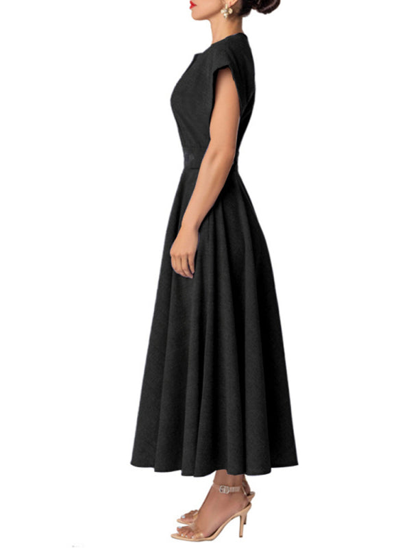 Dress- Fit & Flare Solid V-Neck Midi Maxi Dress for Cocktails- - IndioGear Fashion and Gear