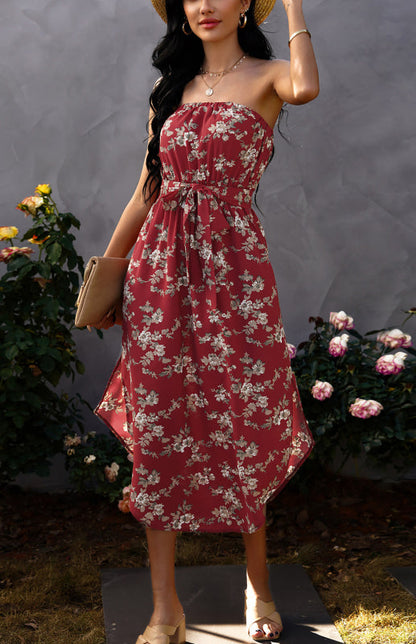 Dress- Flirty Strapless Midi Dress- Red- IndioGear Fashion and Gear