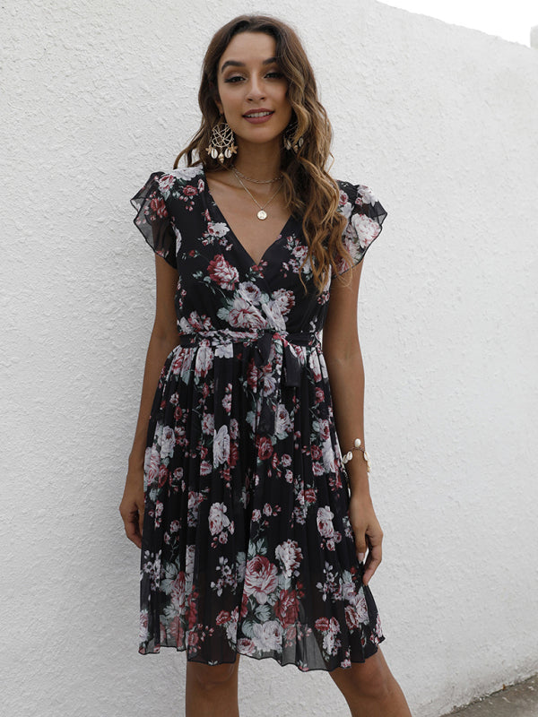 Dress- Floral A-Line Pleated Belted Flared Dress- - IndioGear Fashion and Gear