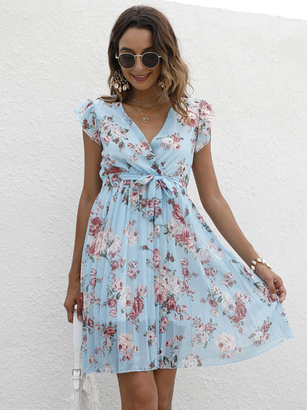 Dress- Floral A-Line Pleated Belted Flared Dress- - IndioGear Fashion and Gear