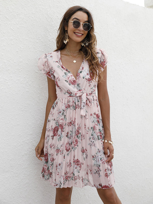 Dress- Floral A-Line Pleated Belted Flared Dress- - IndioGear Fashion and Gear