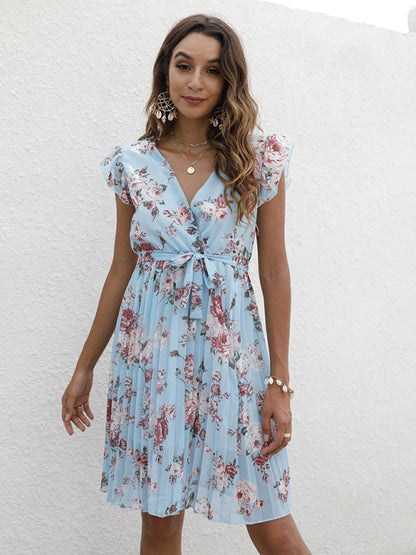 Dress- Floral A-Line Pleated Belted Flared Dress- - IndioGear Fashion and Gear