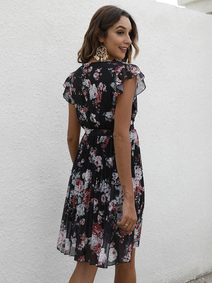 Dress- Floral A-Line Pleated Belted Flared Dress- - IndioGear Fashion and Gear