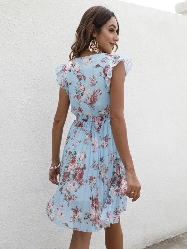 Dress- Floral A-Line Pleated Belted Flared Dress- - IndioGear Fashion and Gear