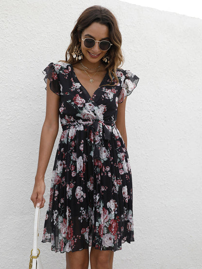 Dress- Floral A-Line Pleated Belted Flared Dress- - IndioGear Fashion and Gear