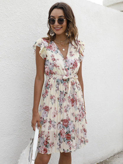 Dress- Floral A-Line Pleated Belted Flared Dress- - IndioGear Fashion and Gear