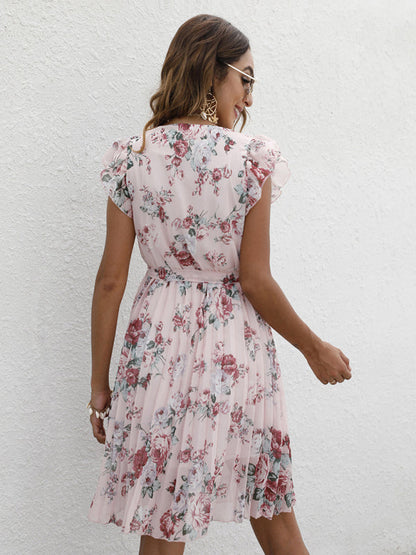 Dress- Floral A-Line Pleated Belted Flared Dress- - IndioGear Fashion and Gear