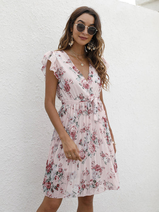 Dress- Floral A-Line Pleated Belted Flared Dress- Pink- IndioGear Fashion and Gear