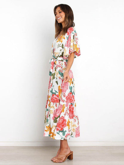 Dress- Floral A-Line Tiered Short Sleeve Waist Tie Midi Dress- - IndioGear Fashion and Gear