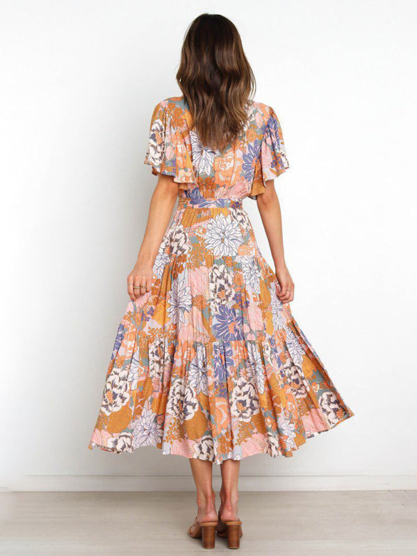 Dress- Floral A-Line Tiered Short Sleeve Waist Tie Midi Dress- - IndioGear Fashion and Gear