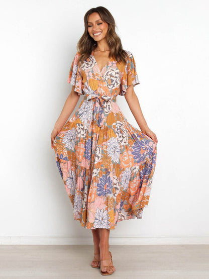 Dress- Floral A-Line Tiered Short Sleeve Waist Tie Midi Dress- Printing 4- IndioGear Fashion and Gear