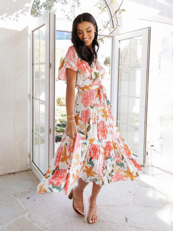 Dress- Floral A-Line Tiered Short Sleeve Waist Tie Midi Dress- - IndioGear Fashion and Gear