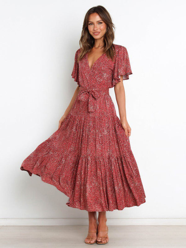 Dress- Floral A-Line Tiered Short Sleeve Waist Tie Midi Dress- - IndioGear Fashion and Gear