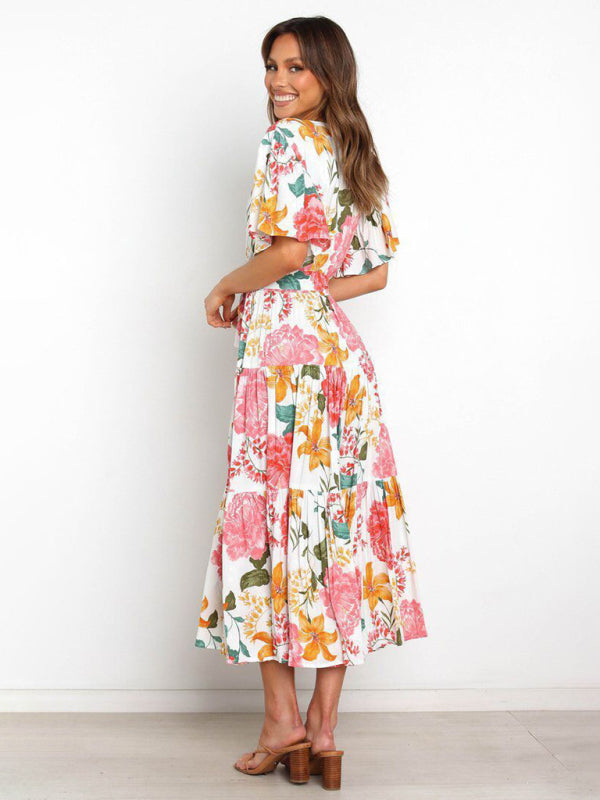 Dress- Floral A-Line Tiered Short Sleeve Waist Tie Midi Dress- - IndioGear Fashion and Gear