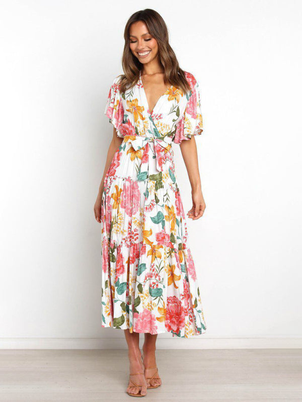 Dress- Floral A-Line Tiered Short Sleeve Waist Tie Midi Dress- - IndioGear Fashion and Gear