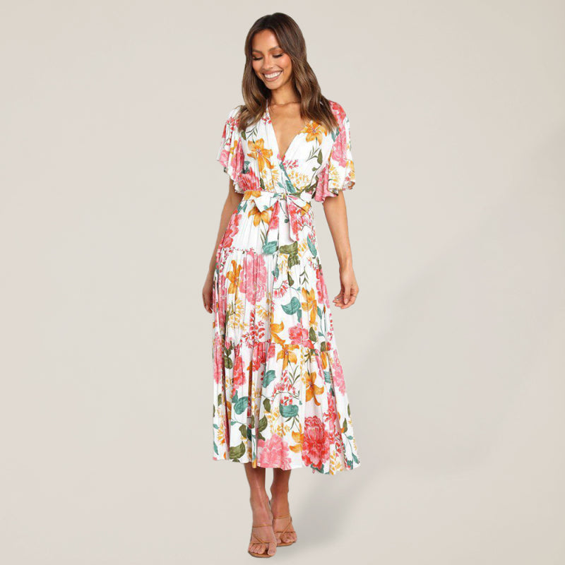 Dress- Floral A-Line Tiered Short Sleeve Waist Tie Midi Dress- - IndioGear Fashion and Gear