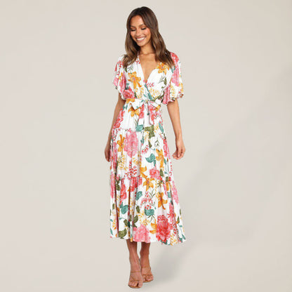 Dress- Floral A-Line Tiered Short Sleeve Waist Tie Midi Dress- - IndioGear Fashion and Gear