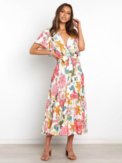 Dress- Floral A-Line Tiered Short Sleeve Waist Tie Midi Dress- - IndioGear Fashion and Gear