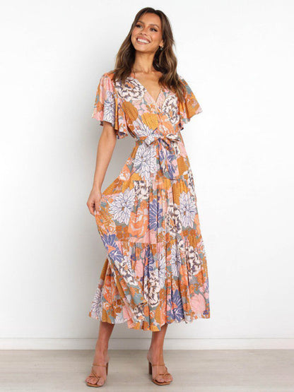 Dress- Floral A-Line Tiered Short Sleeve Waist Tie Midi Dress- - IndioGear Fashion and Gear