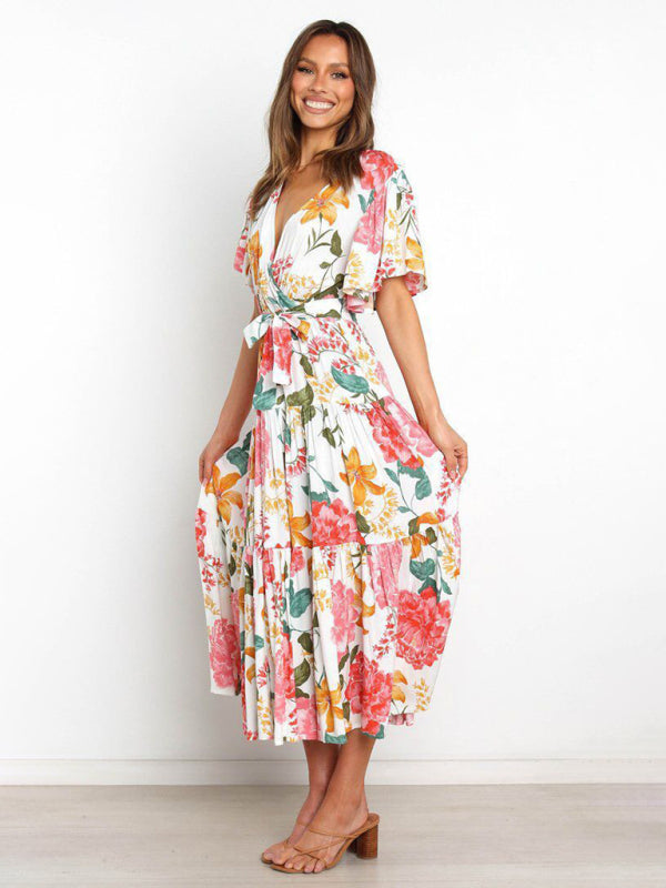 Dress- Floral A-Line Tiered Short Sleeve Waist Tie Midi Dress- - IndioGear Fashion and Gear