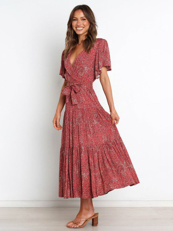 Dress- Floral A-Line Tiered Short Sleeve Waist Tie Midi Dress- - IndioGear Fashion and Gear