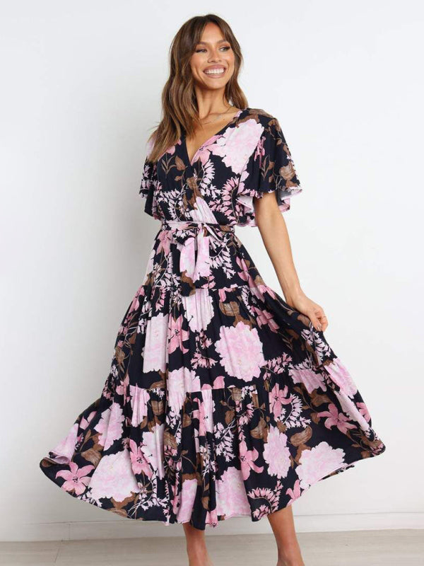 Dress- Floral A-Line Tiered Short Sleeve Waist Tie Midi Dress- Print 2- IndioGear Fashion and Gear