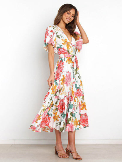 Dress- Floral A-Line Tiered Short Sleeve Waist Tie Midi Dress- - IndioGear Fashion and Gear