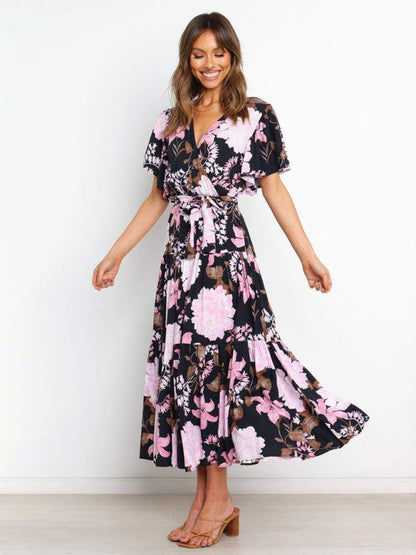 Dress- Floral A-Line Tiered Short Sleeve Waist Tie Midi Dress- - IndioGear Fashion and Gear