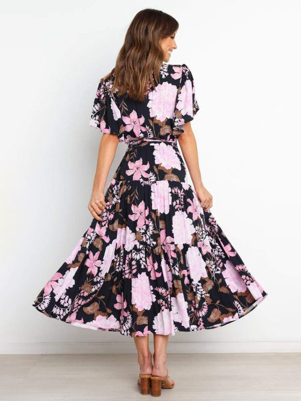 Dress- Floral A-Line Tiered Short Sleeve Waist Tie Midi Dress- - IndioGear Fashion and Gear