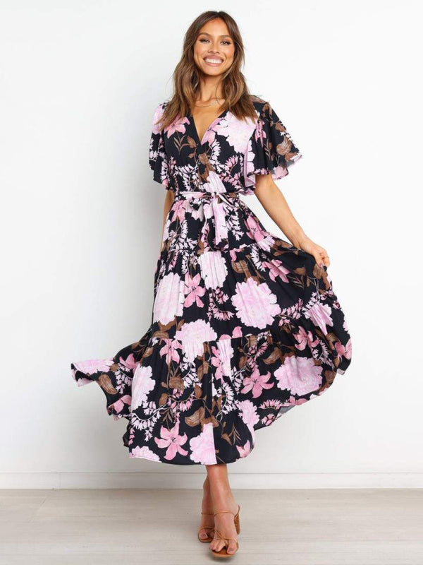 Dress- Floral A-Line Tiered Short Sleeve Waist Tie Midi Dress- - IndioGear Fashion and Gear