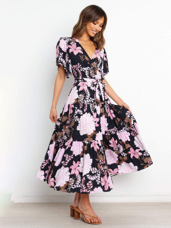 Dress- Floral A-Line Tiered Short Sleeve Waist Tie Midi Dress- - IndioGear Fashion and Gear