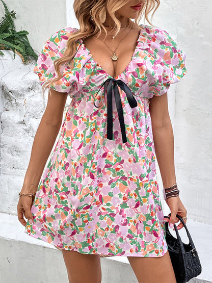 Dress- Floral Doll Puff short Sleeve Contrast Tie Mini Dress- - IndioGear Fashion and Gear