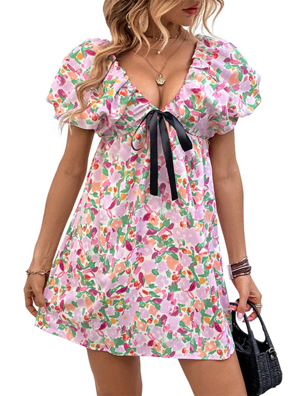 Dress- Floral Doll Puff short Sleeve Contrast Tie Mini Dress- - IndioGear Fashion and Gear