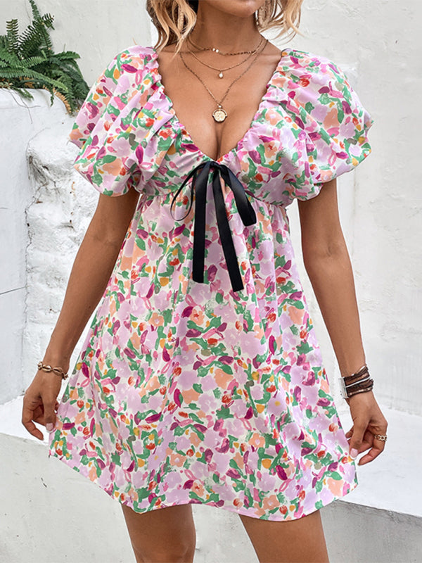 Dress- Floral Doll Puff short Sleeve Contrast Tie Mini Dress- Pink- IndioGear Fashion and Gear