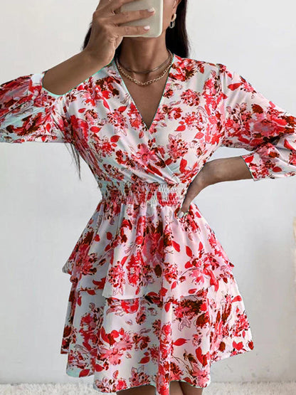 Dress- Floral Elegance Long Sleeve V Neck Pleated Tiered Mini Dress | Confident Chic Dress- Red- IndioGear Fashion and Gear