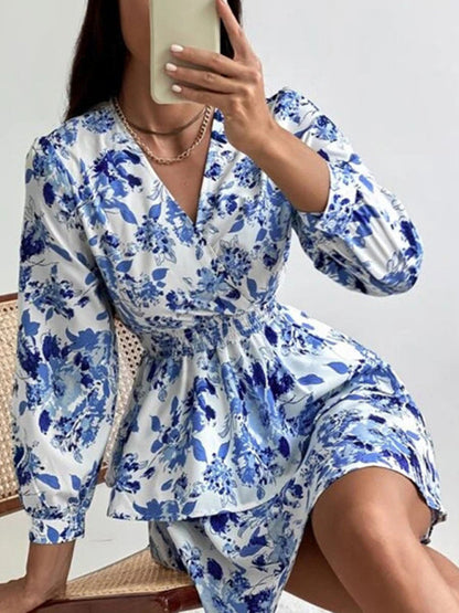 Dress- Floral Elegance Long Sleeve V Neck Pleated Tiered Mini Dress | Confident Chic Dress- - IndioGear Fashion and Gear