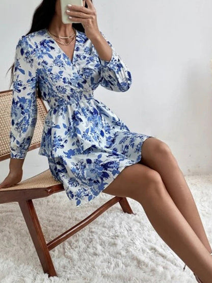 Dress- Floral Elegance Long Sleeve V Neck Pleated Tiered Mini Dress | Confident Chic Dress- - IndioGear Fashion and Gear