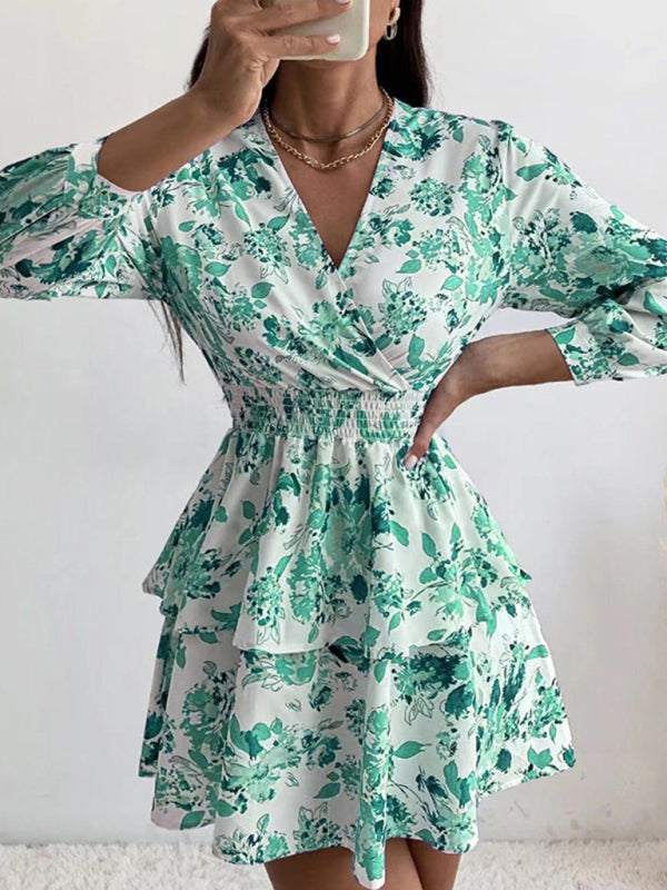 Dress- Floral Elegance Long Sleeve V Neck Pleated Tiered Mini Dress | Confident Chic Dress- Green- IndioGear Fashion and Gear