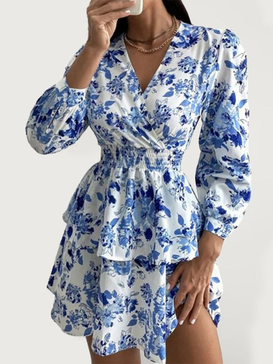 Dress- Floral Elegance Long Sleeve V Neck Pleated Tiered Mini Dress | Confident Chic Dress- Blue- IndioGear Fashion and Gear