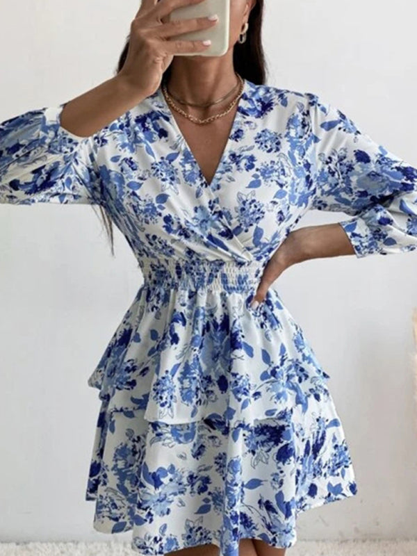 Dress- Floral Elegance Long Sleeve V Neck Pleated Tiered Mini Dress | Confident Chic Dress- - IndioGear Fashion and Gear