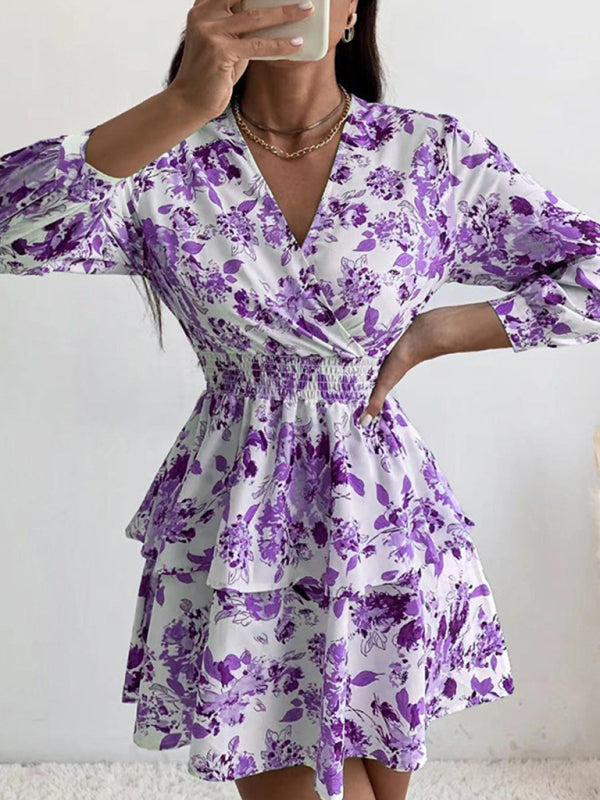 Dress- Floral Elegance Long Sleeve V Neck Pleated Tiered Mini Dress | Confident Chic Dress- Purple- IndioGear Fashion and Gear