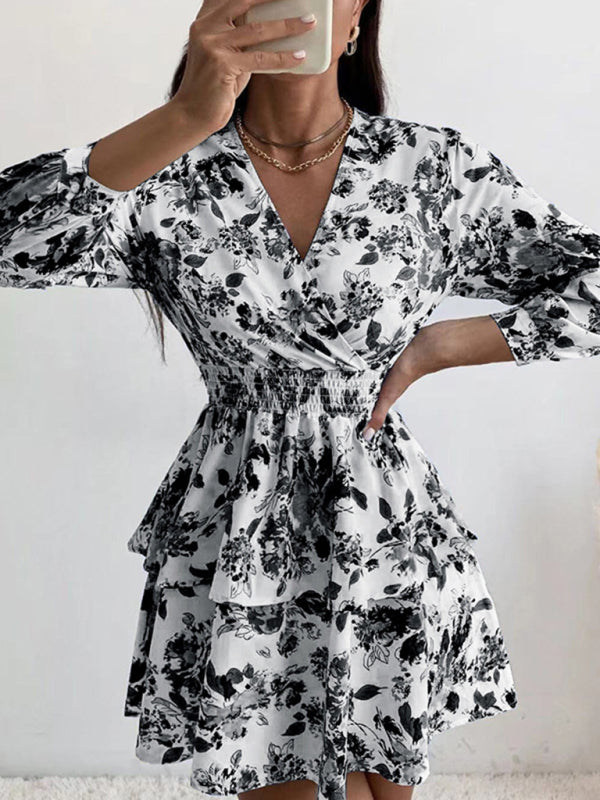 Dress- Floral Elegance Long Sleeve V Neck Pleated Tiered Mini Dress | Confident Chic Dress- Black- IndioGear Fashion and Gear