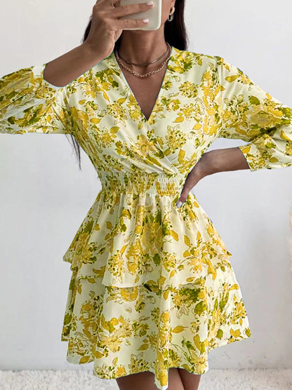 Dress- Floral Elegance Long Sleeve V Neck Pleated Tiered Mini Dress | Confident Chic Dress- Yellow- IndioGear Fashion and Gear