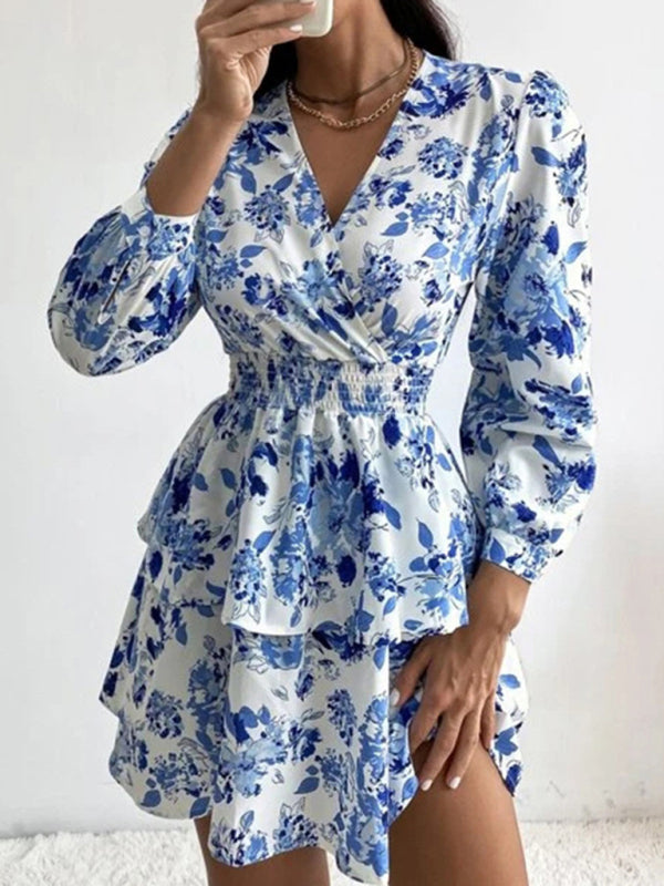 Dress- Floral Elegance Long Sleeve V Neck Pleated Tiered Mini Dress | Confident Chic Dress- - IndioGear Fashion and Gear