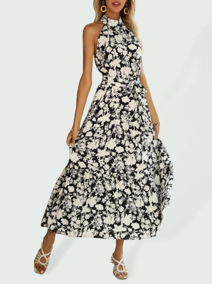 Dress- Floral Fantasy: Maxi Dress for Any Occasion- Black- IndioGear Fashion and Gear