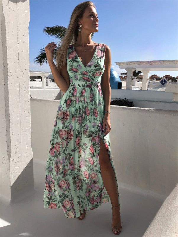 Dress- Floral Finesse Suirplice Neck Maxi Dress- - IndioGear Fashion and Gear