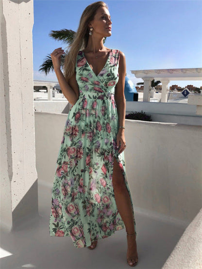 Dress- Floral Finesse Suirplice Neck Maxi Dress- - IndioGear Fashion and Gear