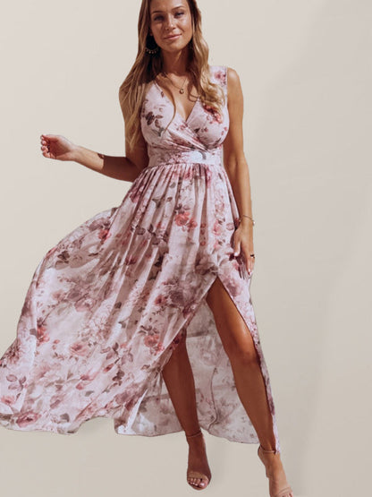 Dress- Floral Finesse Suirplice Neck Maxi Dress- Pink- IndioGear Fashion and Gear