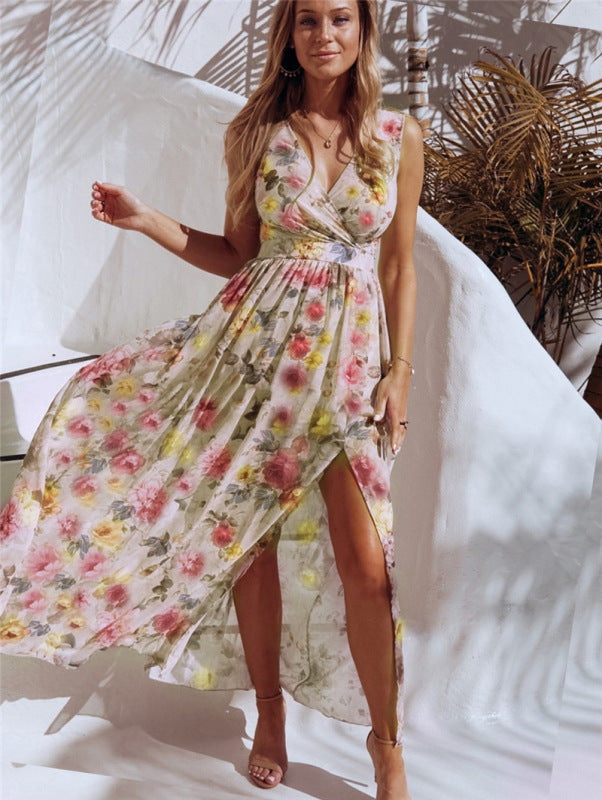 Dress- Floral Finesse Suirplice Neck Maxi Dress- Yellow- IndioGear Fashion and Gear